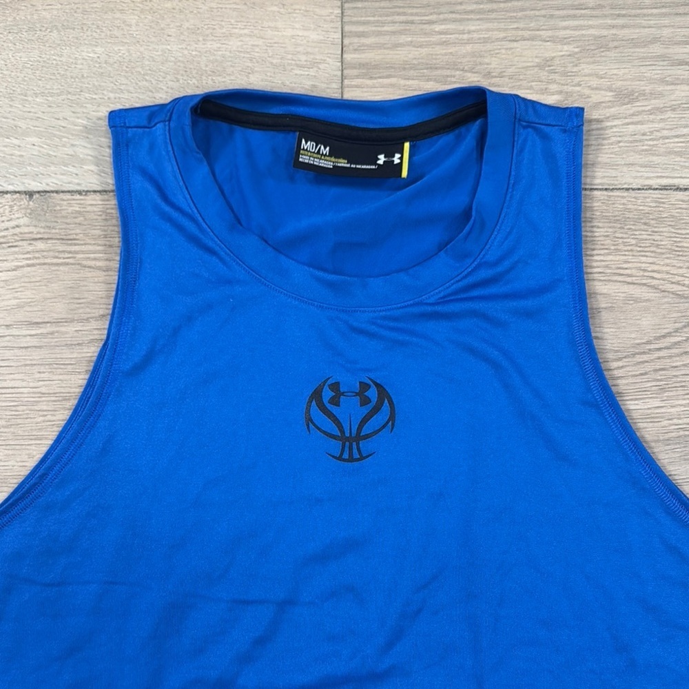 Under Armour Men's Blue and Black Tank Top with Basketball Logo - Picture 2 of 8
